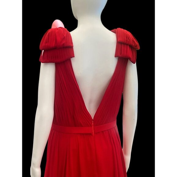Flowy Red Evening Gown With Pleated V-Neck Bodice Dramatic Shoulder Bows & Back - Picture 6 of 10